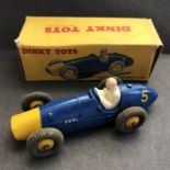 Dinky Toy Ferrari Racing Car Model 23H Blue/Yellow nose. Played, worn, boxed. MU £50 Issued 1953