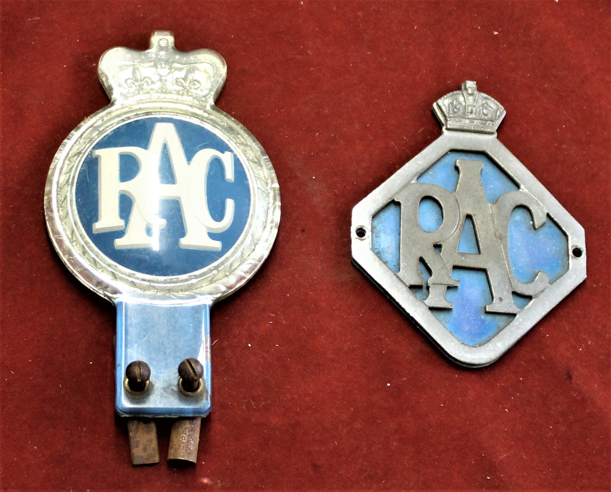 Vintage RAC Badge (King's Crown) No. VE135518 with chrome and blue enamel and another QEII Crown