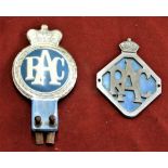 Vintage RAC Badge (King's Crown) No. VE135518 with chrome and blue enamel and another QEII Crown