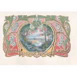 Cigar box label vintage sample/proof country scene surrounded by deco pastel/gold design no 1905