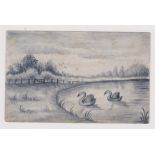 Hand drawn postcard, 1906 A pair of swans on a lake, message signed JD to Old Newton Stowmarket