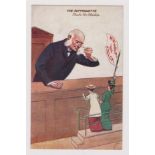 Suffrage. The Suffragette Flouts His Worship. A judge confronted in court by two women protesting,