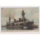 French Naval 1912 early colour postcard, "Le Bruix" heavy cruiser en route to Crete, message on