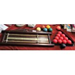 Set of snooker balls for 3/4 size table and a snooker score board, wood, wall mountable