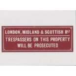 Wall Plaque, tin plate. London Midland & Scottish Railway metal sign. "Trespassers on This