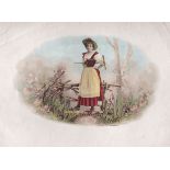Young lady standing on a small rustic bridge over stream rural background; vintage cigar box label