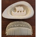Chinese Bone Comb and paperweight, the comb having cranes caved and the other piece with a ship. A
