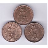 Great Britain farthings 1925, 1926 and 1927, UNC with full lustre (3)