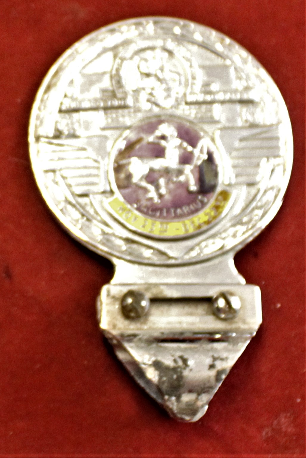 Vintage Car Badge Sagittarius Nov 23rd-Dec 22nd motto above sign of the zodiac, "Behold St