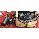 Camera bag, cameras and equipment (all untested) including: 1980s Minolta Dynax 300i ("The SLR for
