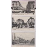 France, Amiens, Three postcards, much activity and busy trams. La Rue des Trois-Cailloux, La Place