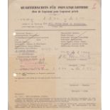 Germany 1944 Military Requisitioning Form Billeting 2 German agents of Todt organisation with French
