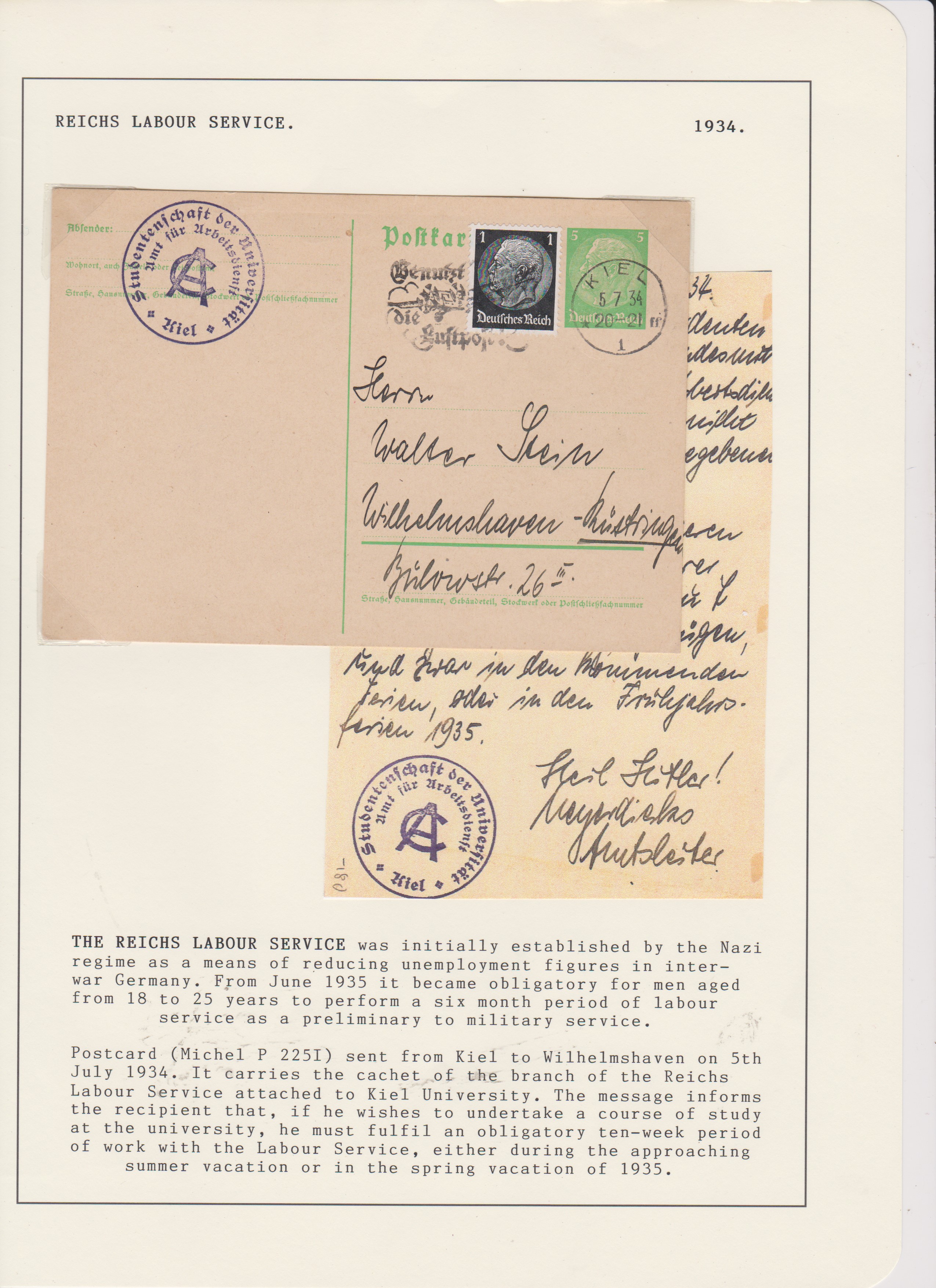 Germany 1934 Reich's Labour service pre paid Michel P225.1 postcard posted to Wilhelmshaven