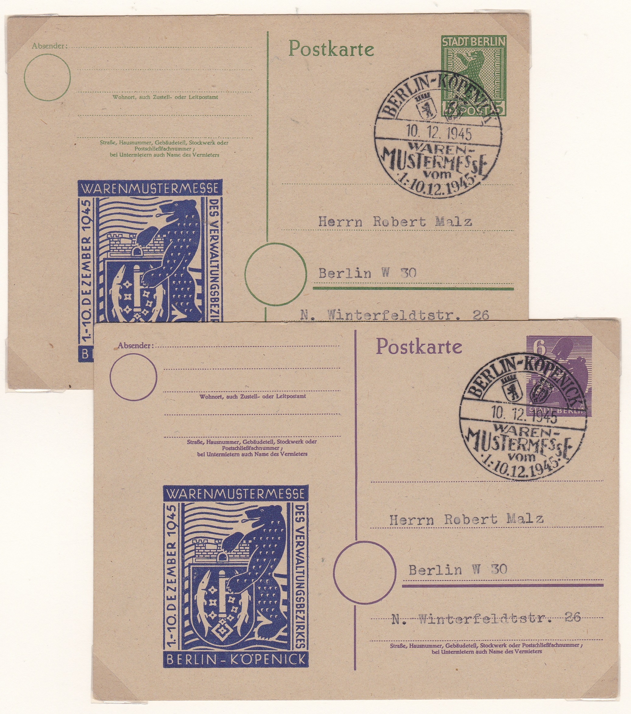 Germany 1945 Russian Zone Berlin Brandenburg Michel P4e used; Michel P5 trade fair cachet cancel