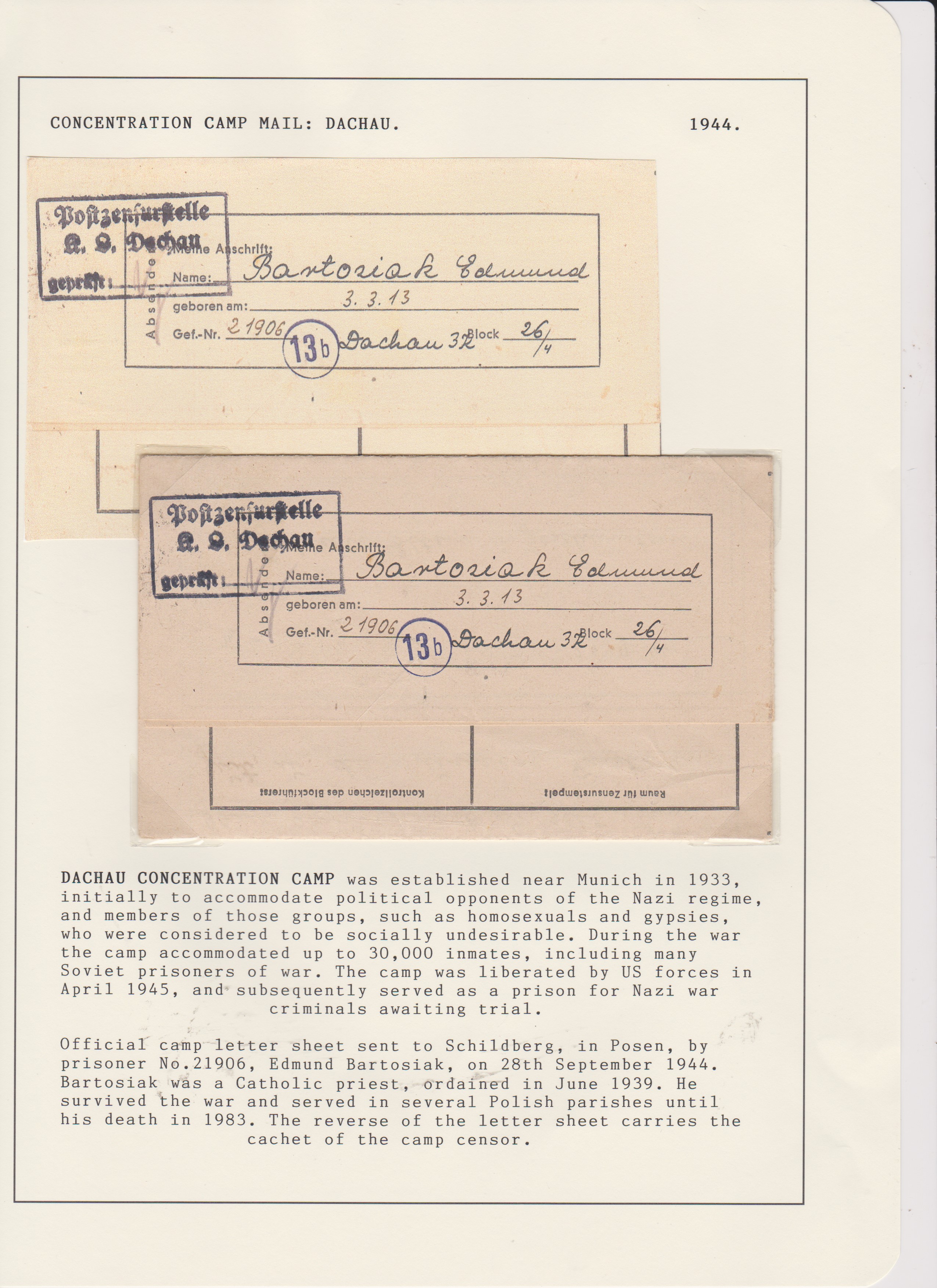 Germany 1944 Concentration Camp mail. Official Dachau Camp letter posted to Schildberg by a