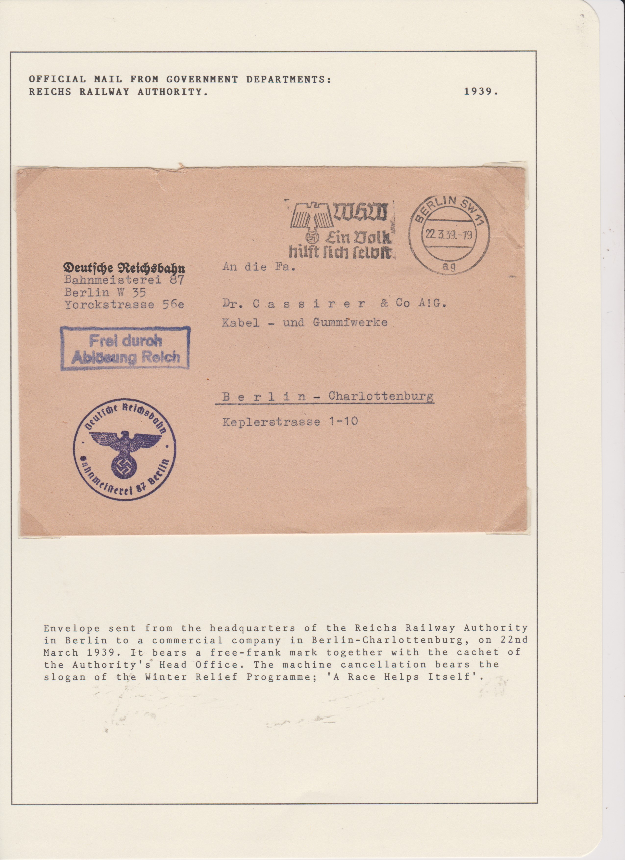 Germany 1939 Government Department Official Mail envelope posted from the Berlin Reich's railway