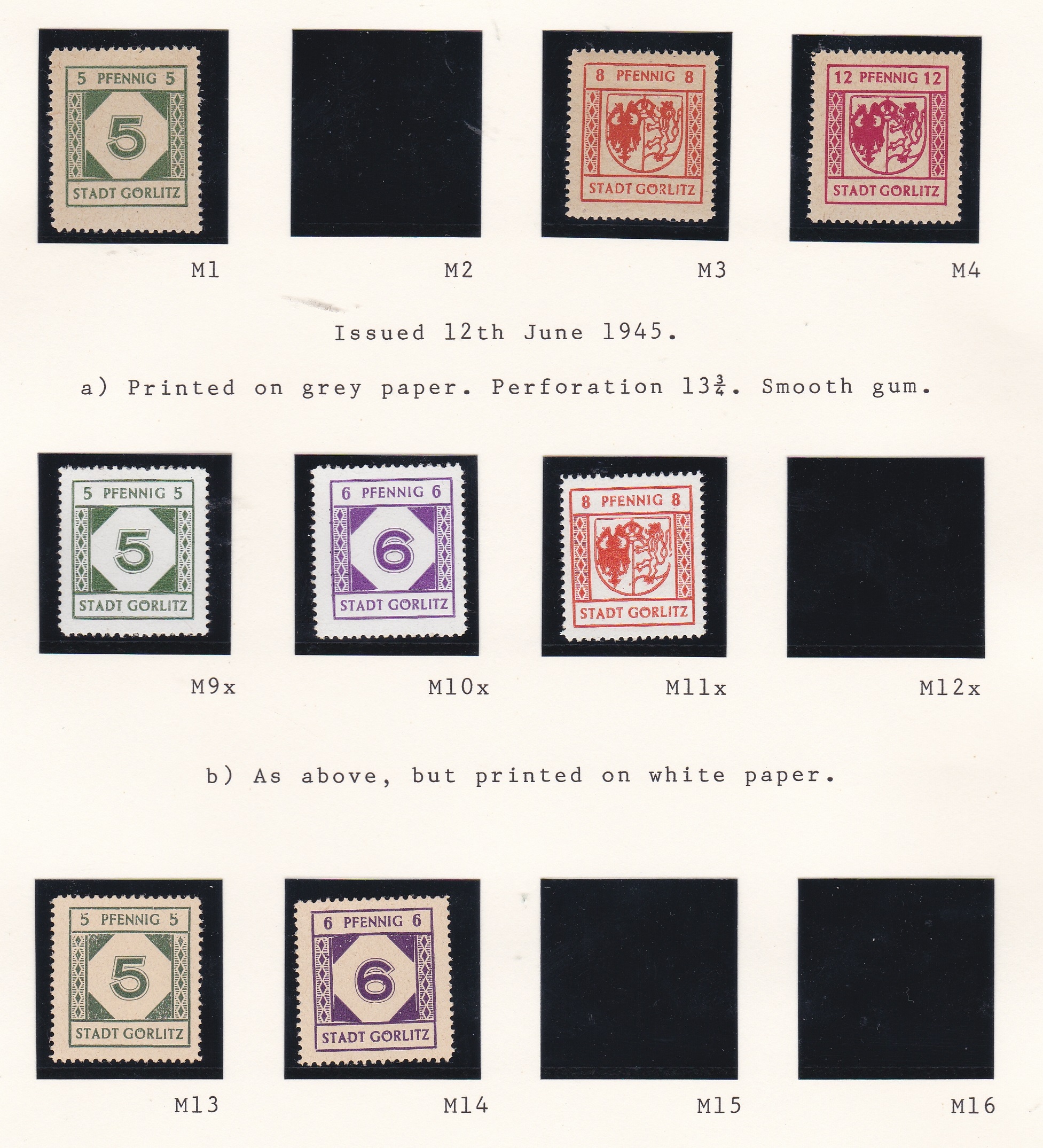Germany 1945 Local Issue Gorlitz definitives grey paper Michel 1, 3-4 u/m; white paper Michel 9X-11X