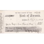 Bank of Toronto Barrie used: bearer 1864 - 70 black on white. Printed 186- Printer: W.C.