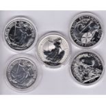 Silver £2 Britannia - 2004-2007-2008-2014 and 2015. All BUNC and cased (5)