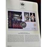 2002 - Queen Elizabeth Golden Jubilee, Falkland Islands 50 pence BUNC and St. Helena Stamp Set FDC