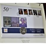 2002 - Queen Elizabeth Golden Jubilee, Isle of Man Crown BUNC and stamp set FDC