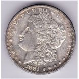 USA 1881 S - 5-Morgan Silver Dollar. AUNC, beautiful toning
