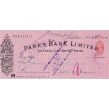 Parr's Bank Limited (Sir Sam's Scott Bart & Co Branch) 1 Cavendish Square. Used Bearer RO 23/9/09.