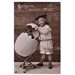 Eastertide - quality photo postcard, young child opening an egg containing a chicken! Used 1910