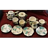 Japanese eggshell china tea set, floral water lily design with cranes flying over and the cups in