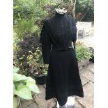 Late Victorian/Edwardian black wool crepe double breasted suit. Fitted jacket with embroidered