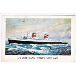 Shipping - S.S. United States "World's fastest liner", colour postcard used France "Sea post S.S.