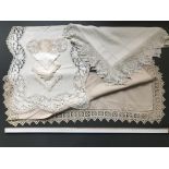 Victorian hand stitched linen tablecloths, all with heavy crochet/filet crochet borders, 4 bobbin