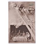 1914 Christmas Postcard - Pub: Noyer. "Peace at home" with allegorical Angels above a family