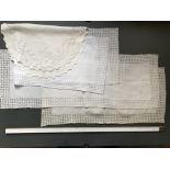 Early 1900's set of 3 linen table runners with drawn thread work borders and pretty hand cutwork