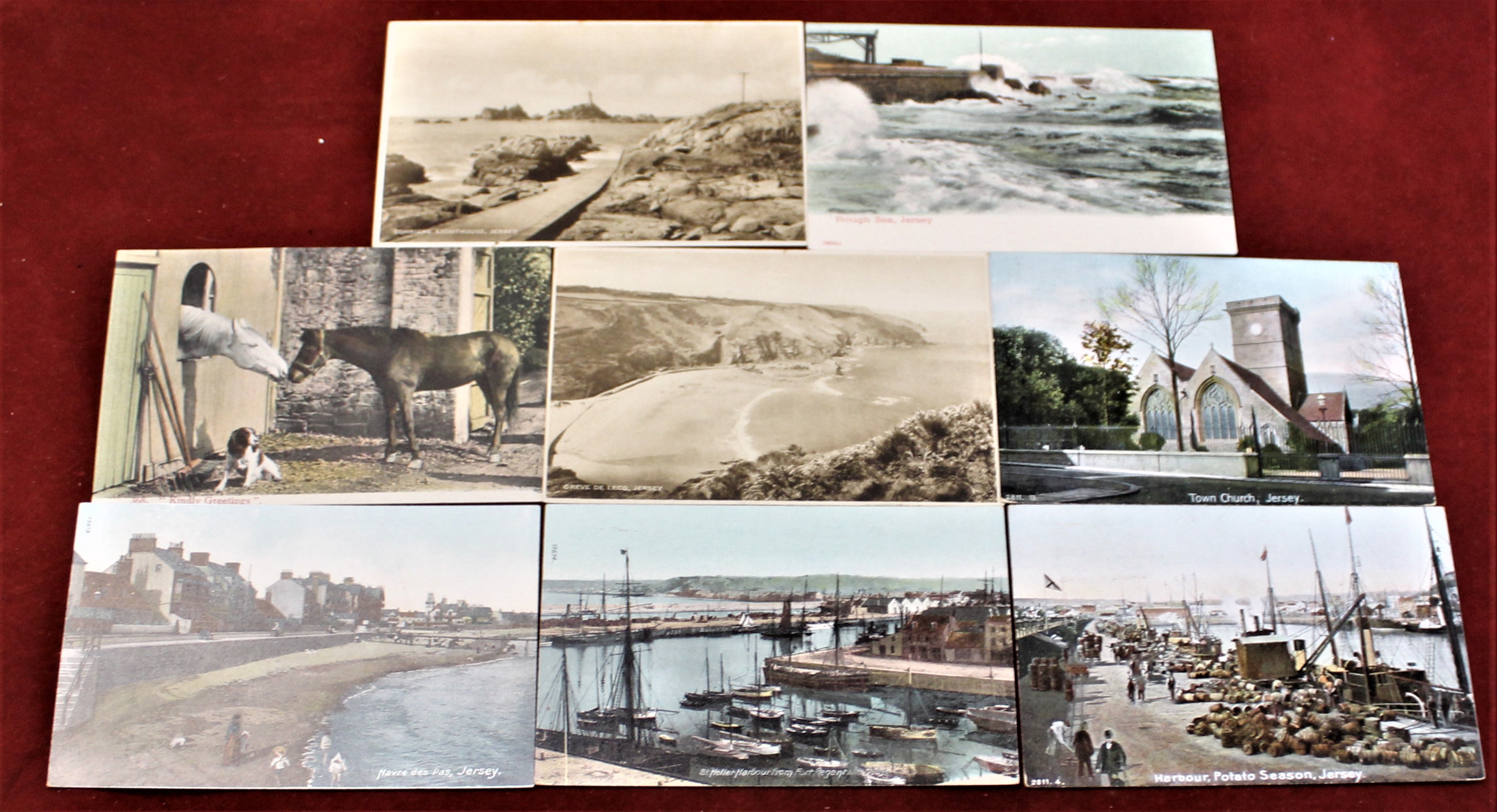 Jersey 1943 range of postcards, good views. All with 1943 First Day of Issue of the First Jersey