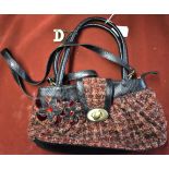 Dent Red Tweed Check Material Faux Leather Trim Handbag