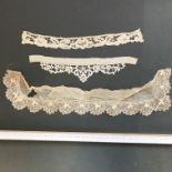 Collection of 3 1800s hand worked trims, 1 x part section of Irish crochet lace with raised roses