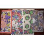 4 x 1930's/40's floral hankies, mixed rayons, shades of violet, greens and peach.