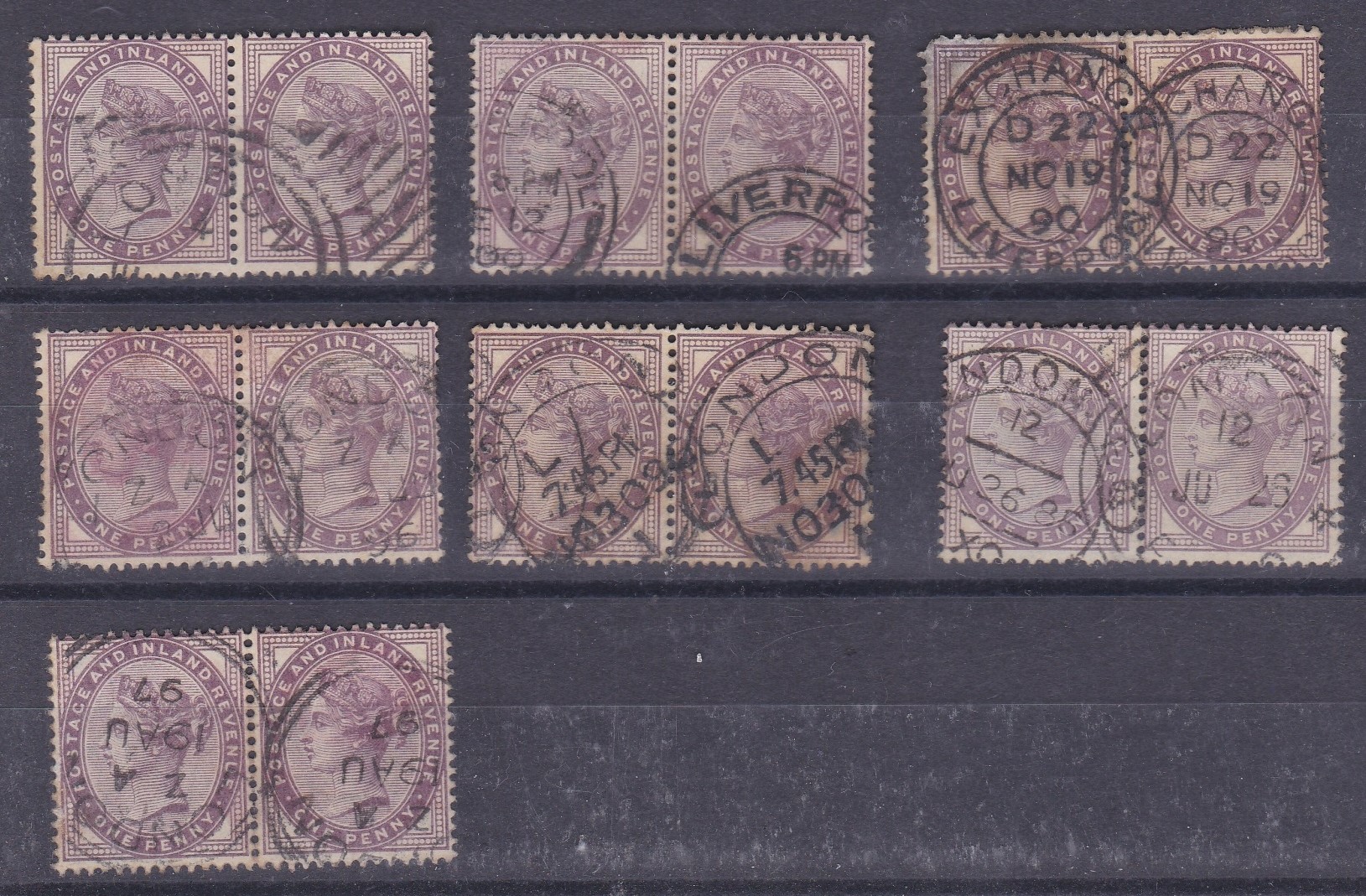 Great Britain 1881-Definitives SG172 used 1d lilac-pairs x7 with London on Liverpool cancels