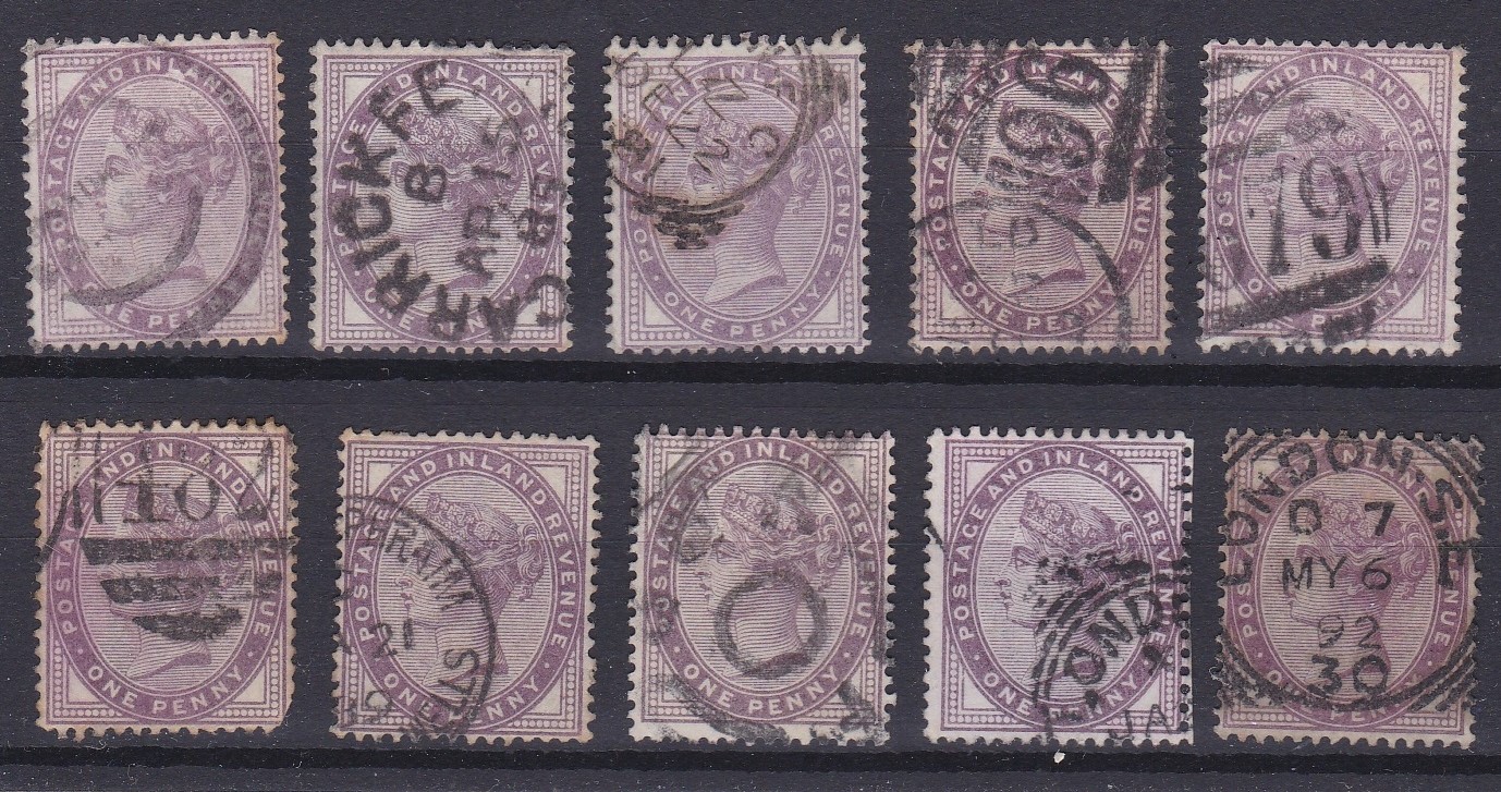 Great Britain 1881 - SG172 used 1d x10 post mark study-cat value £22