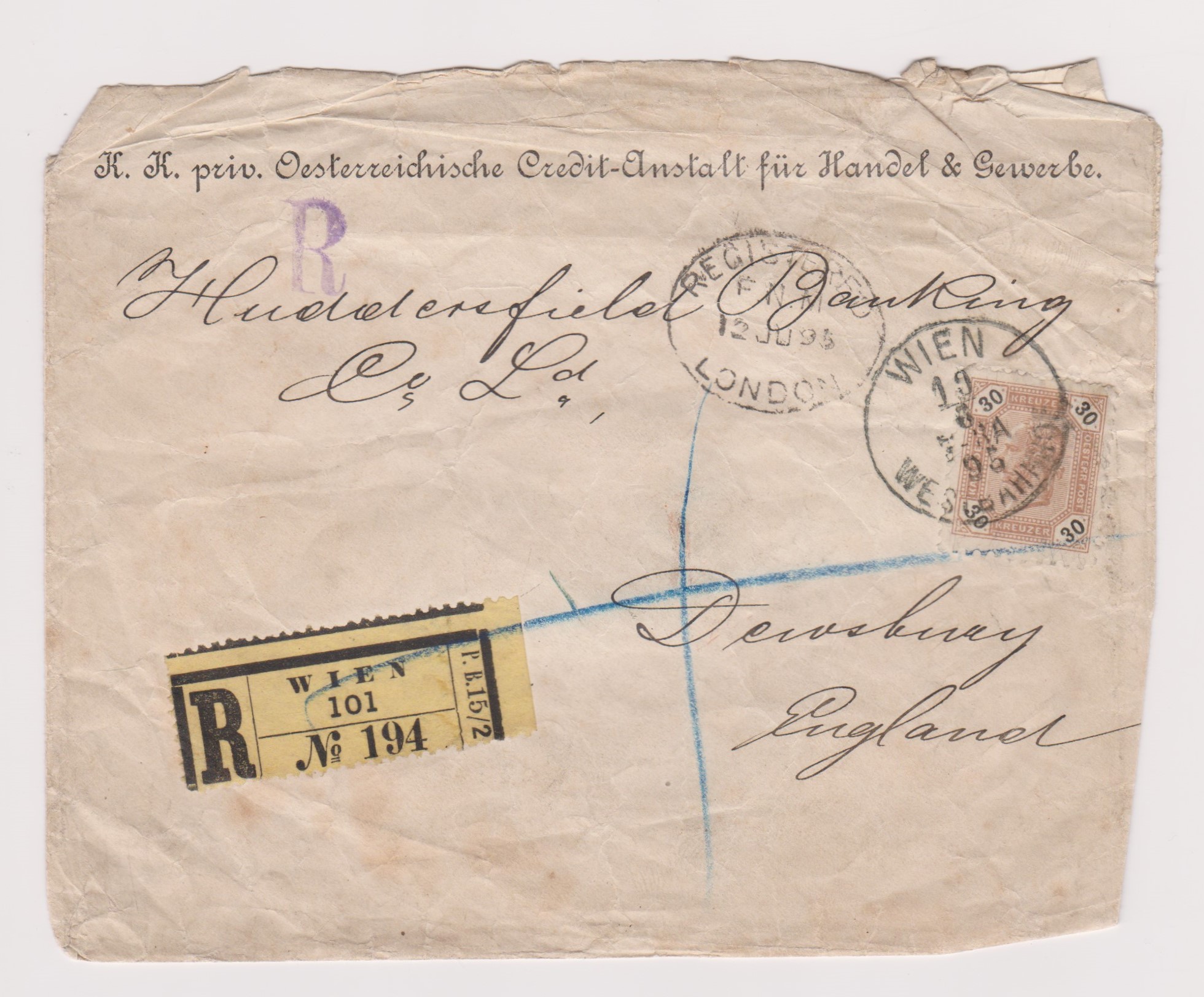 Austria 1895-Scruffy commercial envelope posted registered to |Huddersfield Banking Co, Dewsbury,