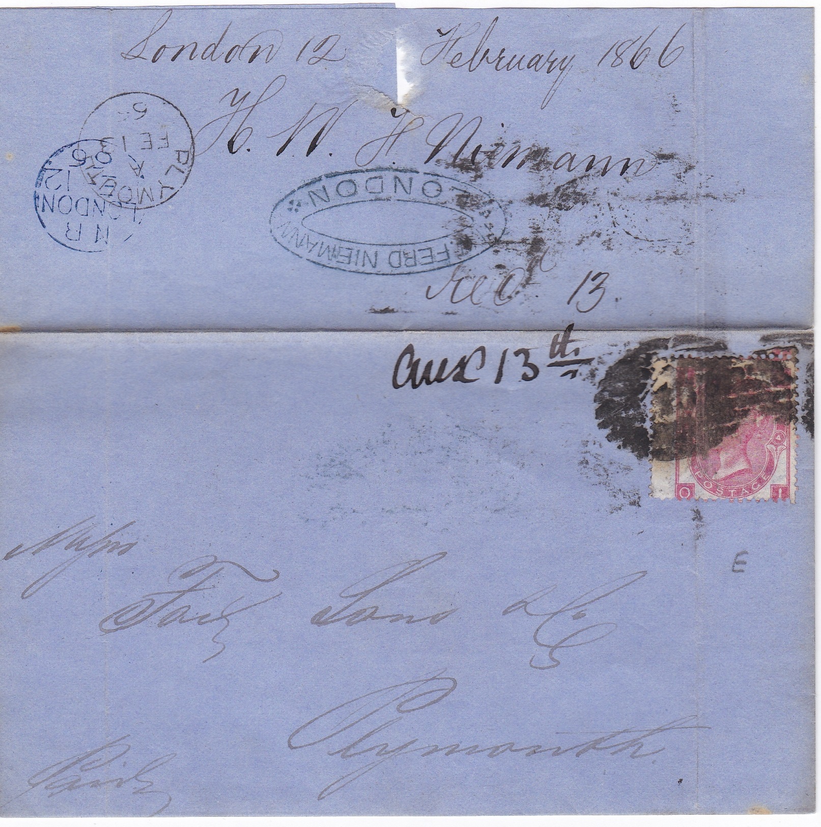 Great Britain 1866-Postal History-folded wrapper posted to Plymouth cancelled with a numeral town
