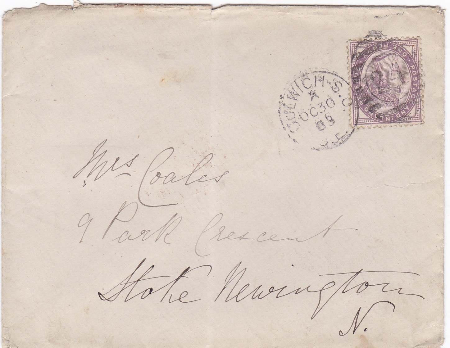 Great Britain 1889 - Envelope posted within London cancelled 30.10.1889 with Dulwich S.O., and '