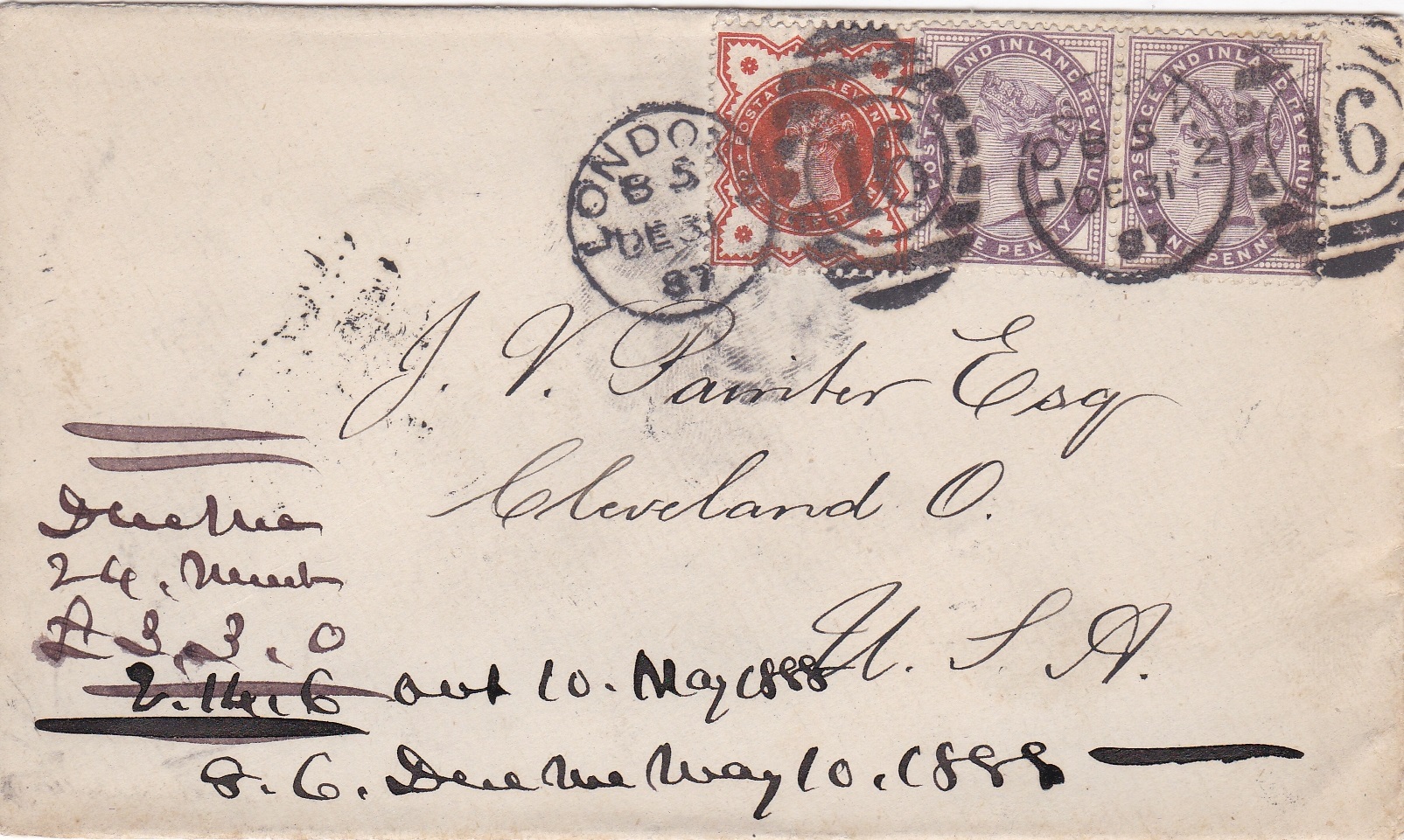 Great Britain 1887 - Cver posted UK to USA cancelled 31.12.1887 with London Duplex cancel on pair of