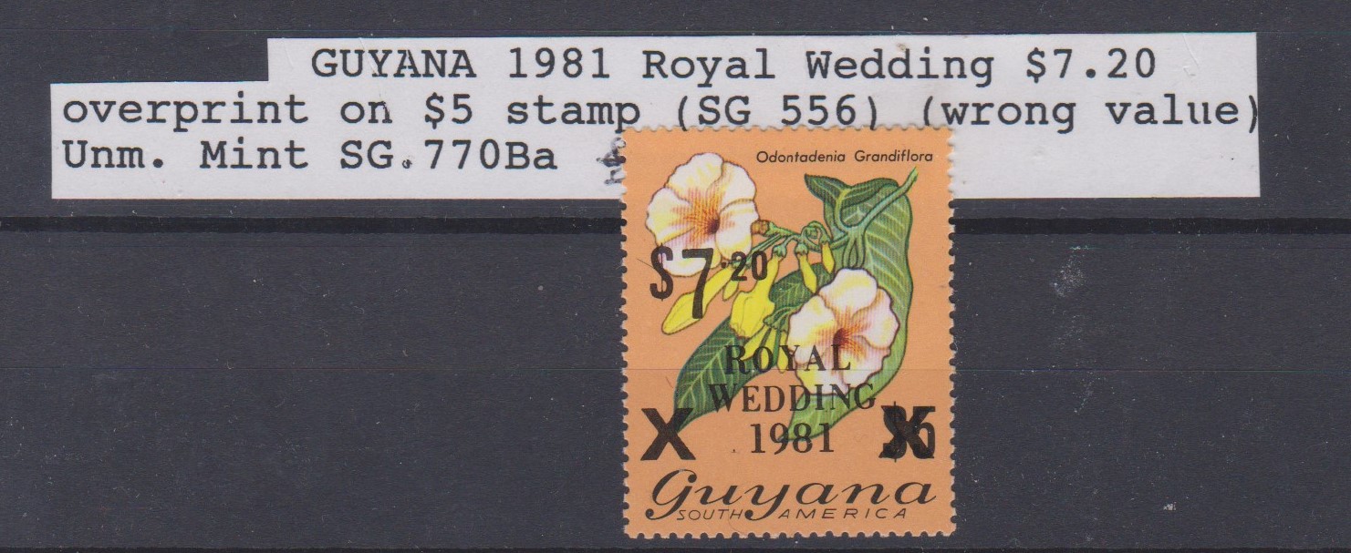 Guyana 1981 Royal Wedding 7$20c overprint on 5 Dollar (SG 556) wrong value error, SG 770 Ba, u/m