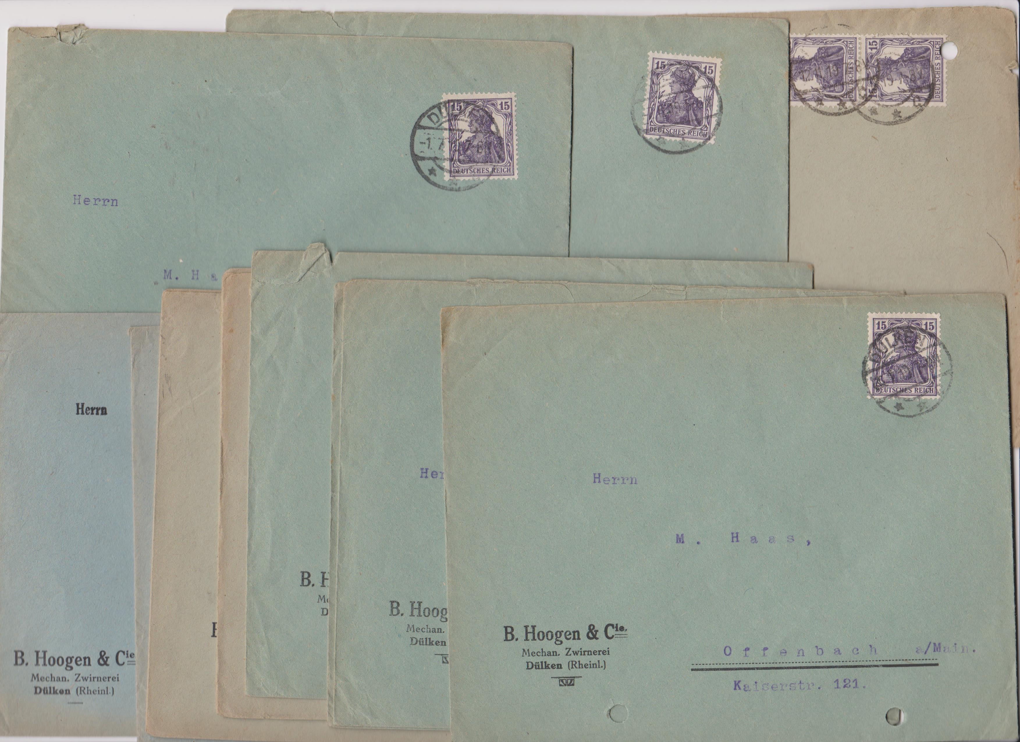 Germany 1919-1921 Group of (13) Commercial Envelopes posted to Offenbach and cancelled Dulken.