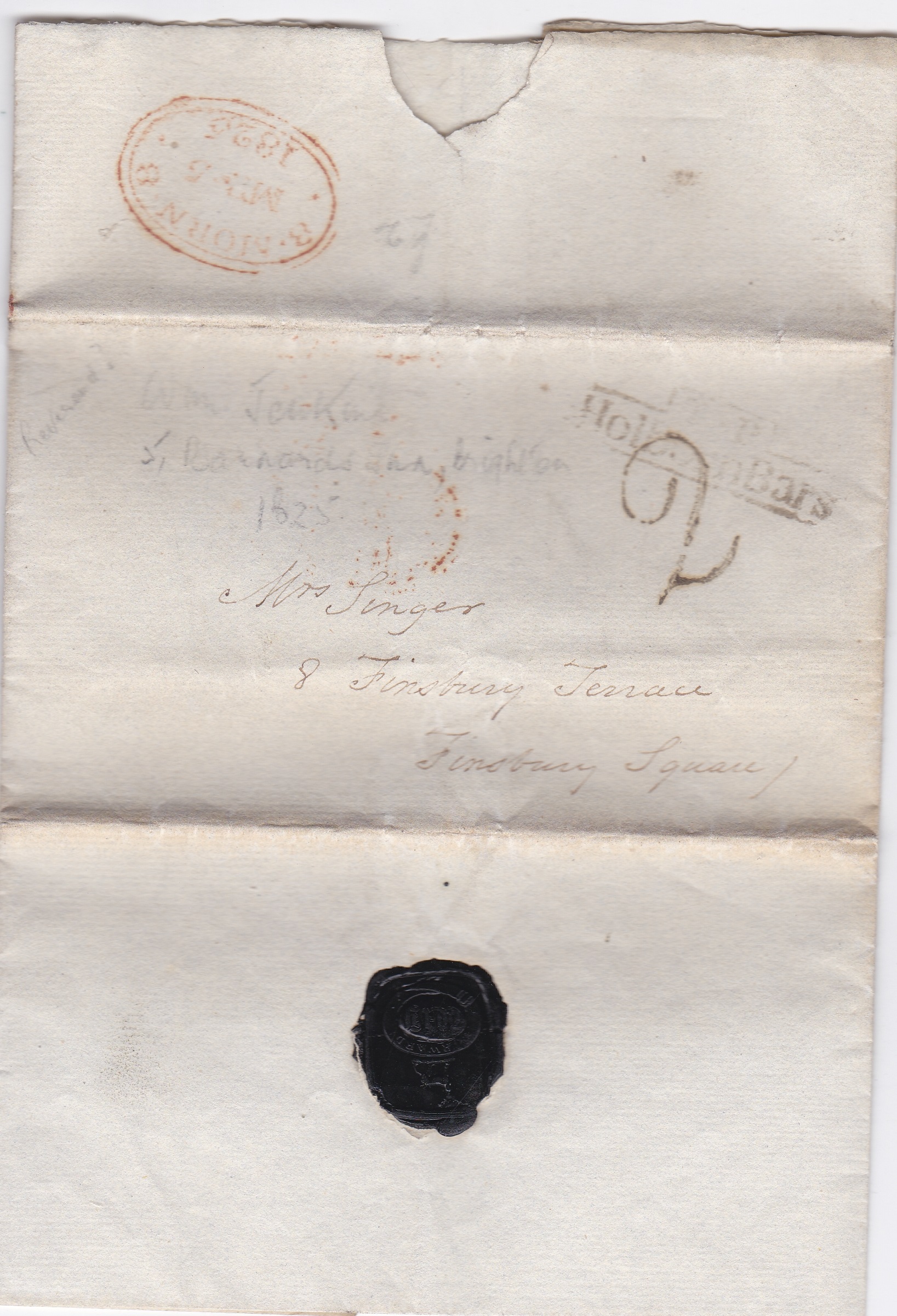 Great Britain 1825 - Postal History-folded letter headed Barnards Inn 4.3.1825 posted to Finsbury