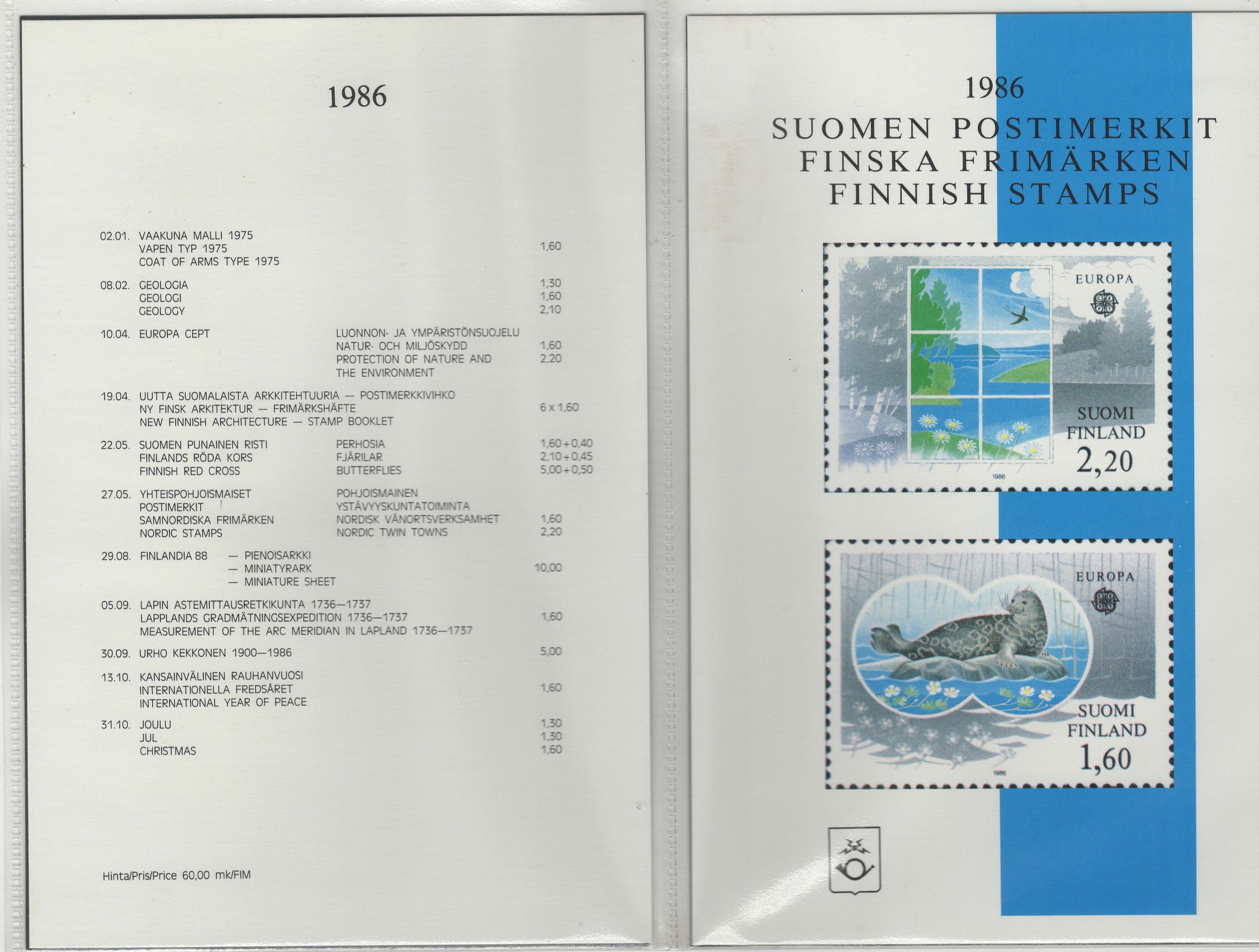 Finland 1986 Finnish P.O. Year Pack, includes sheetlet and miniature sheets. Cat £70