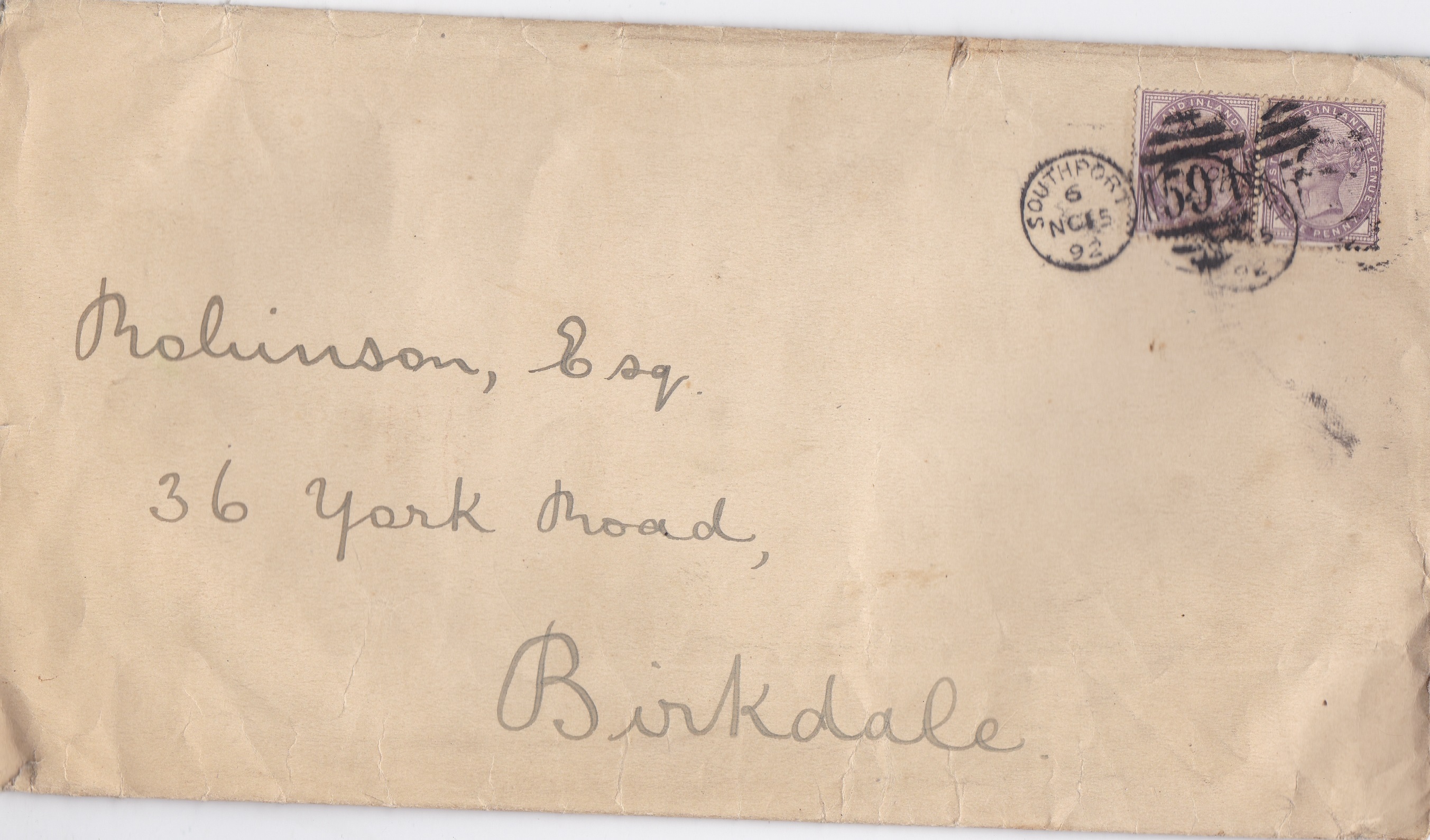 Great Britain 1892 - envelope posted to Birkdale cancelled 6.11.1892 Southport with '591' duplex