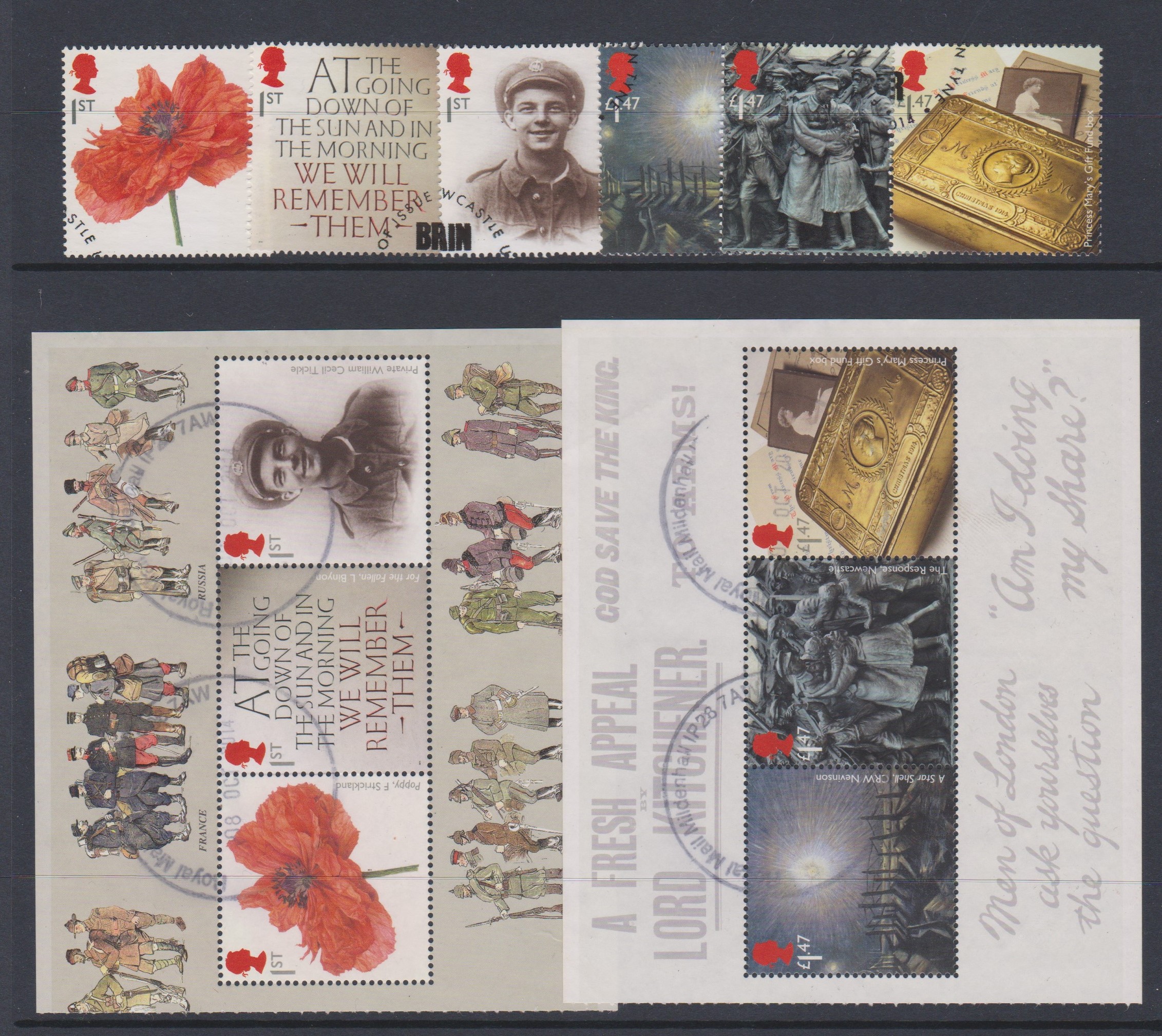 Great Britain 2014 - Centenary of WWI lst issue SG 3626-3631 used set, SG3626b used booklet pane,